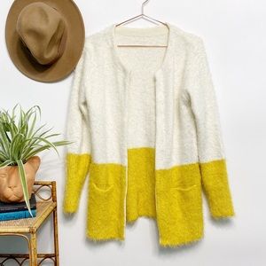 vintage | colorblock eyelash yellow cream open front cardigan m